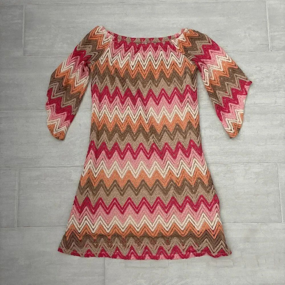 TACERA Dress Sheath Multicolor Zigzag Lined Boho Chevron Crochet Design Pink S